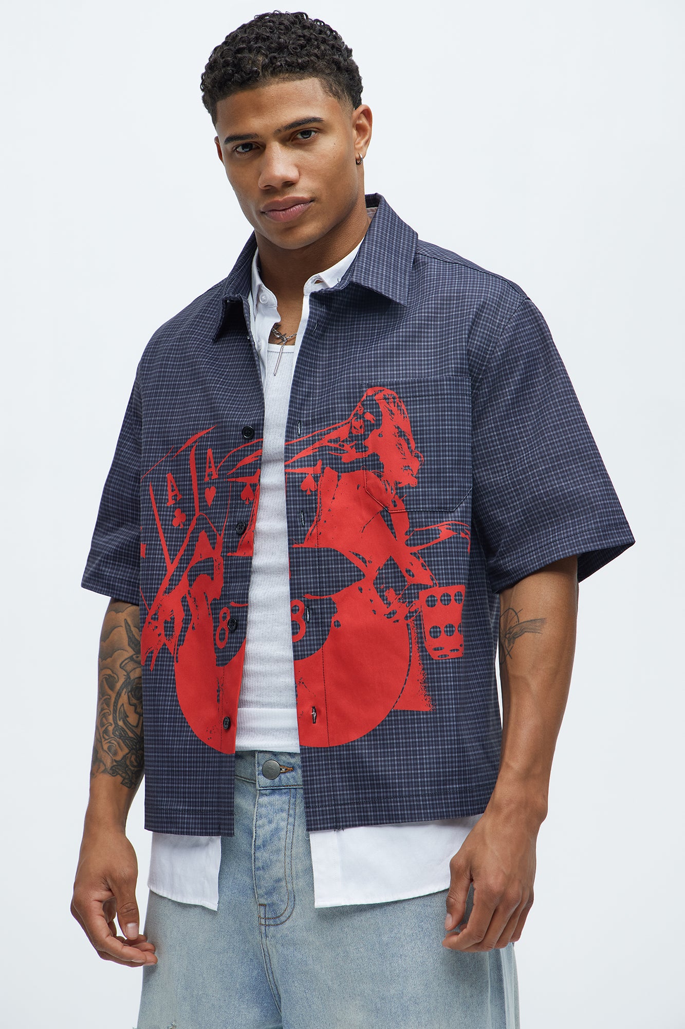 Cropped Pin Up Graphic Button Up Shirt