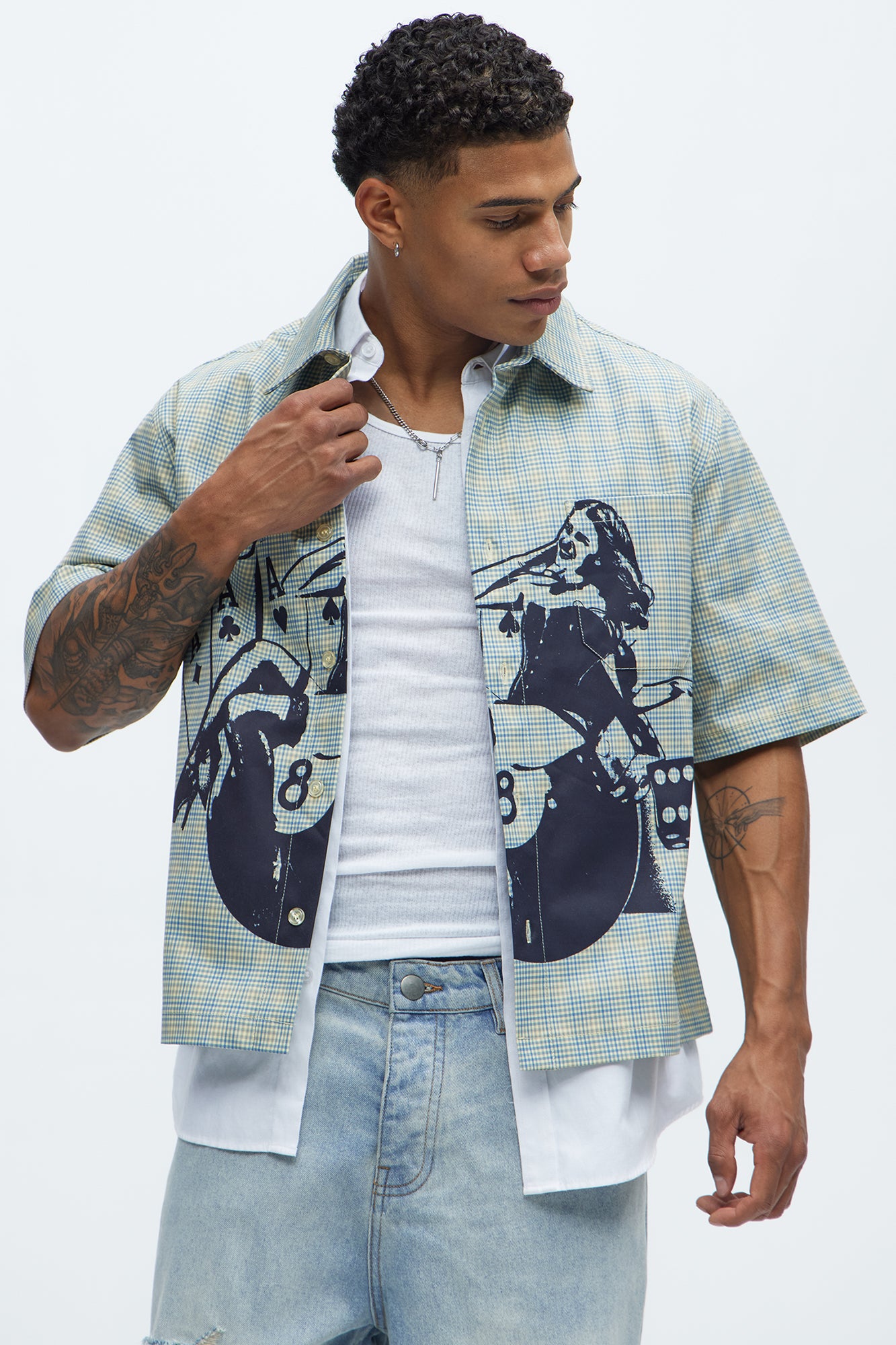 Cropped Pin Up Graphic Button Up Shirt