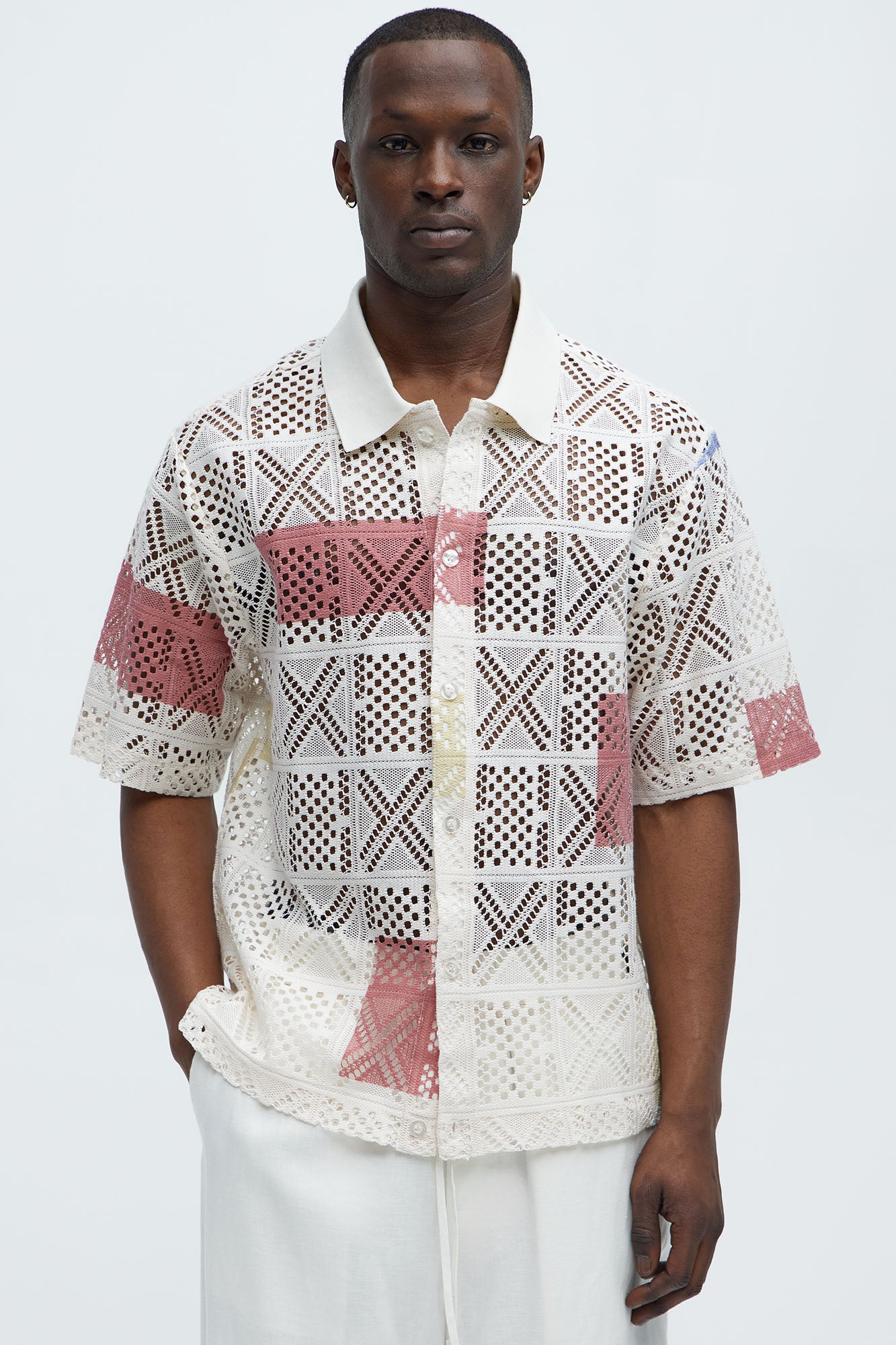 Mosaic Crochet Short Sleeve Full Button Shirt