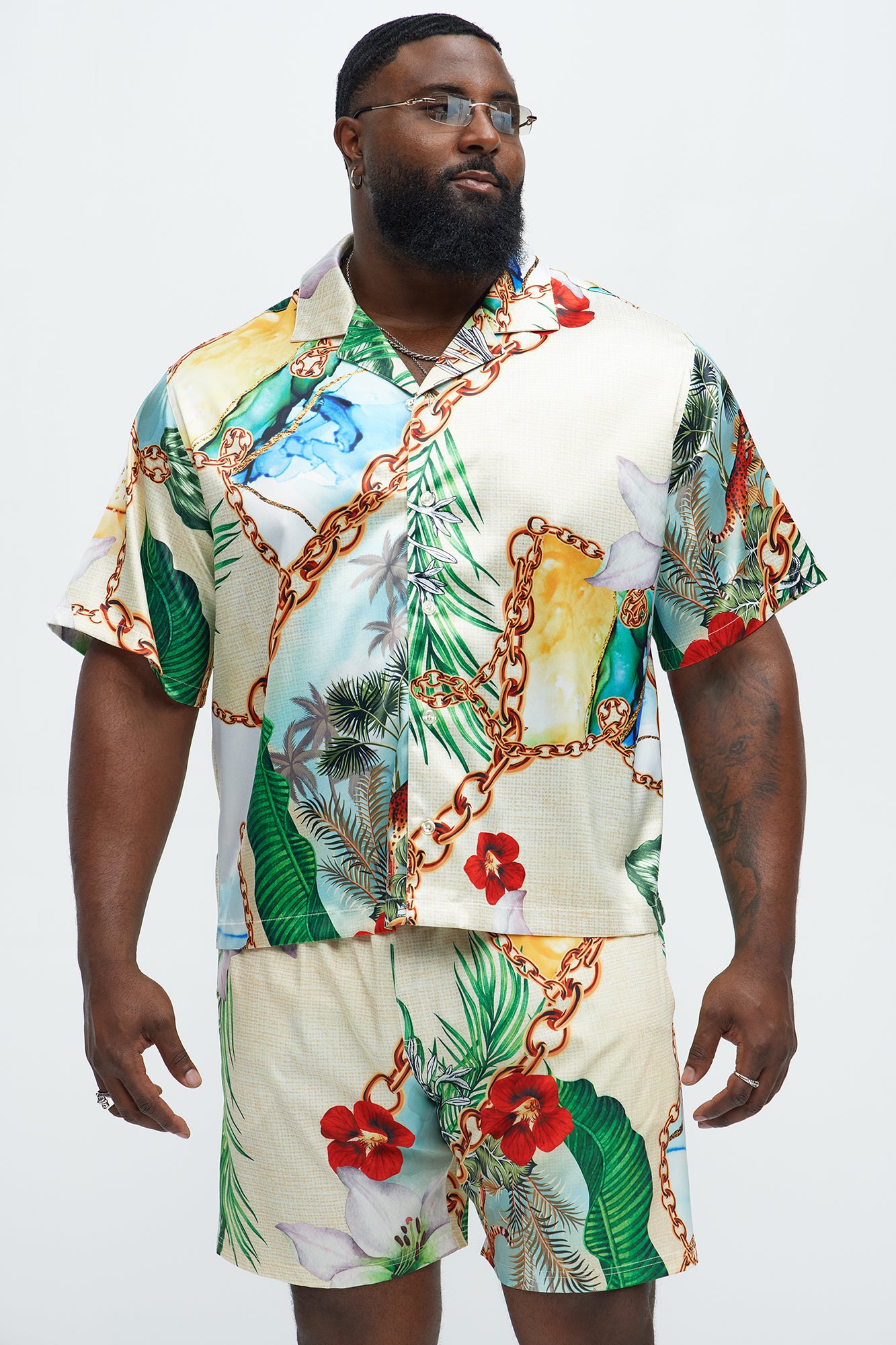 Palms And Chains Printed Cuban Collar Shirt