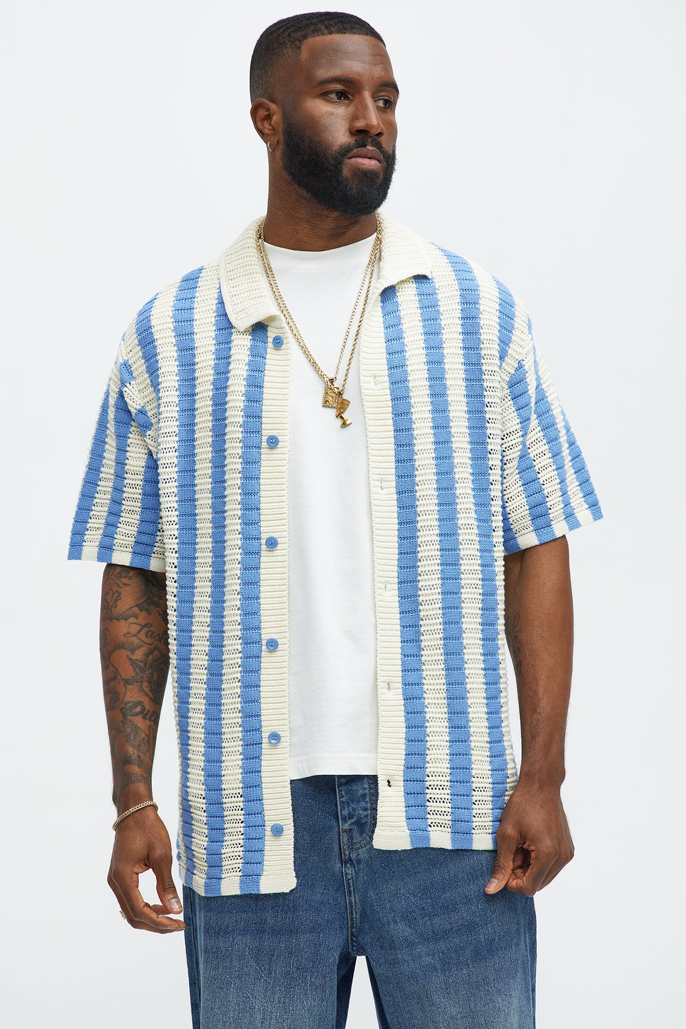 Clark Striped Crochet Button Up Shirt