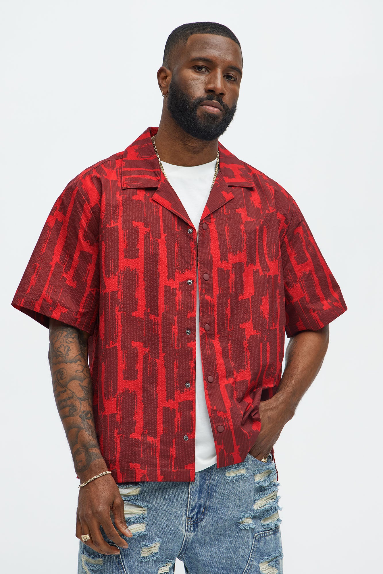Seersucker Printed Short Sleeve Cuban Collar Shirt