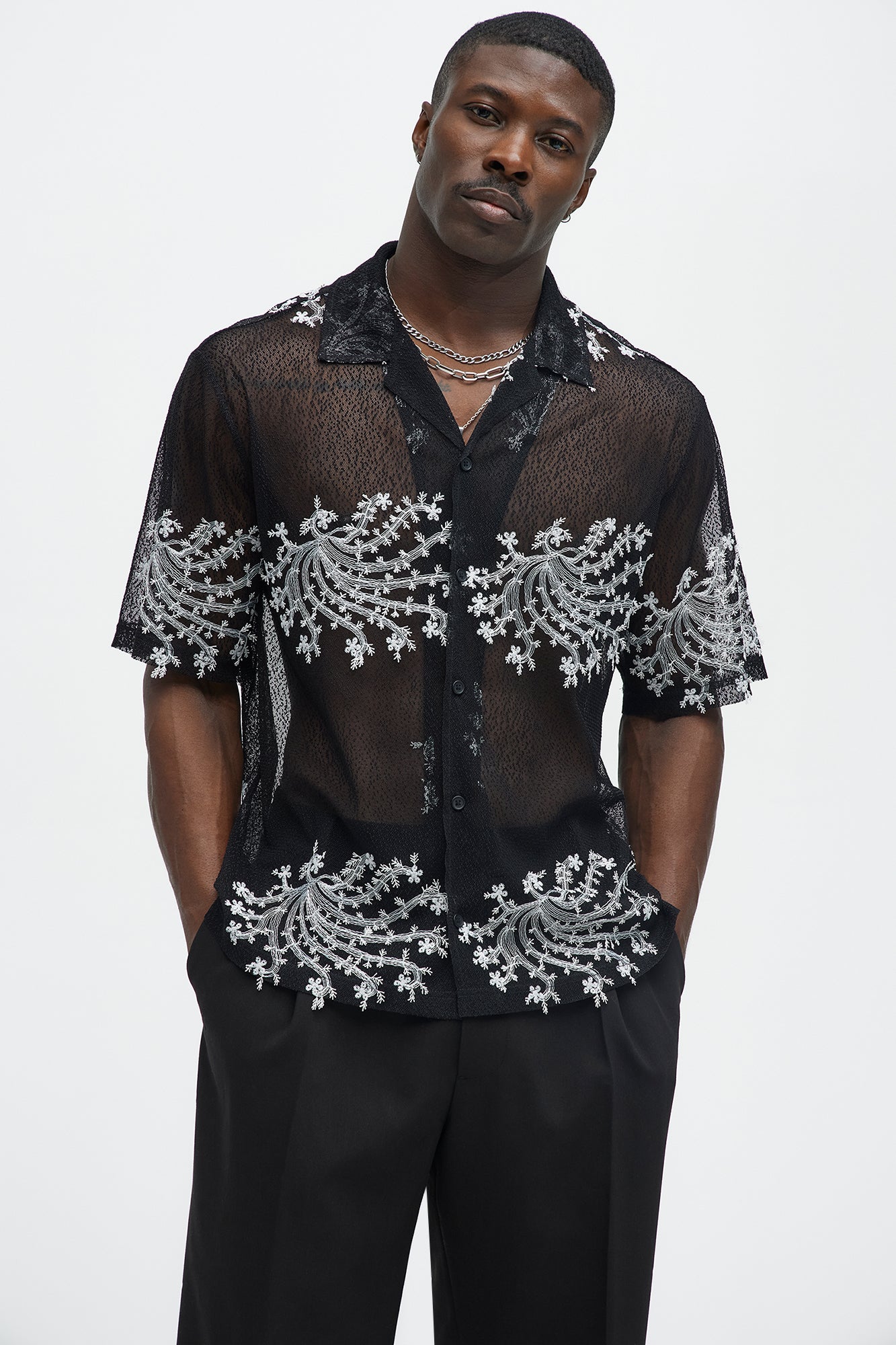 Plant Embroidered Cuban Mesh Shirt