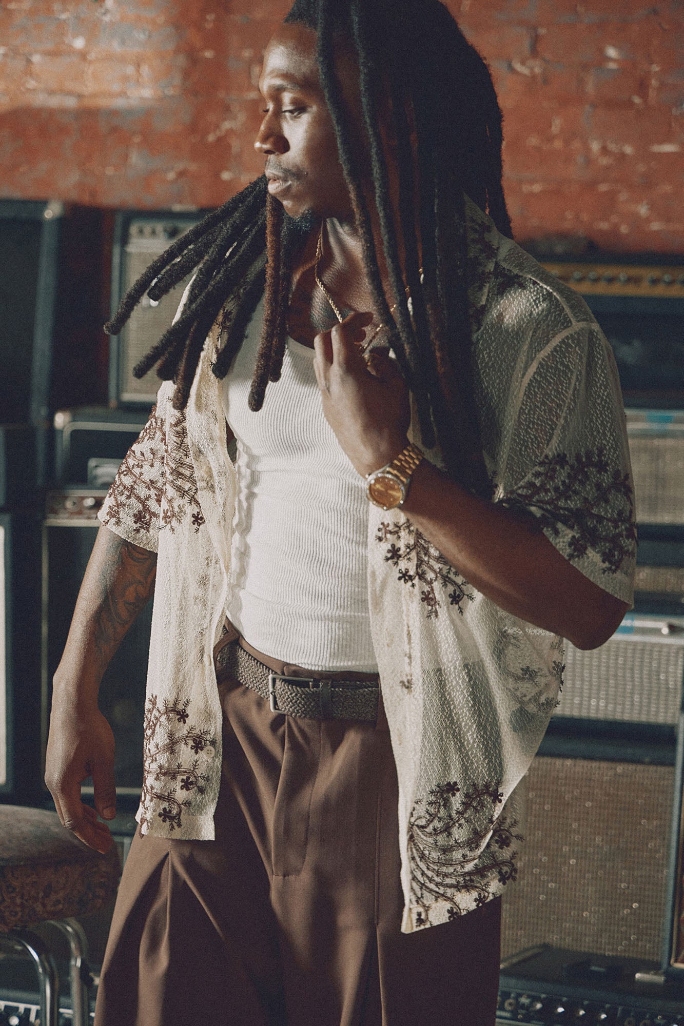 Plant Embroidered Cuban Mesh Shirt