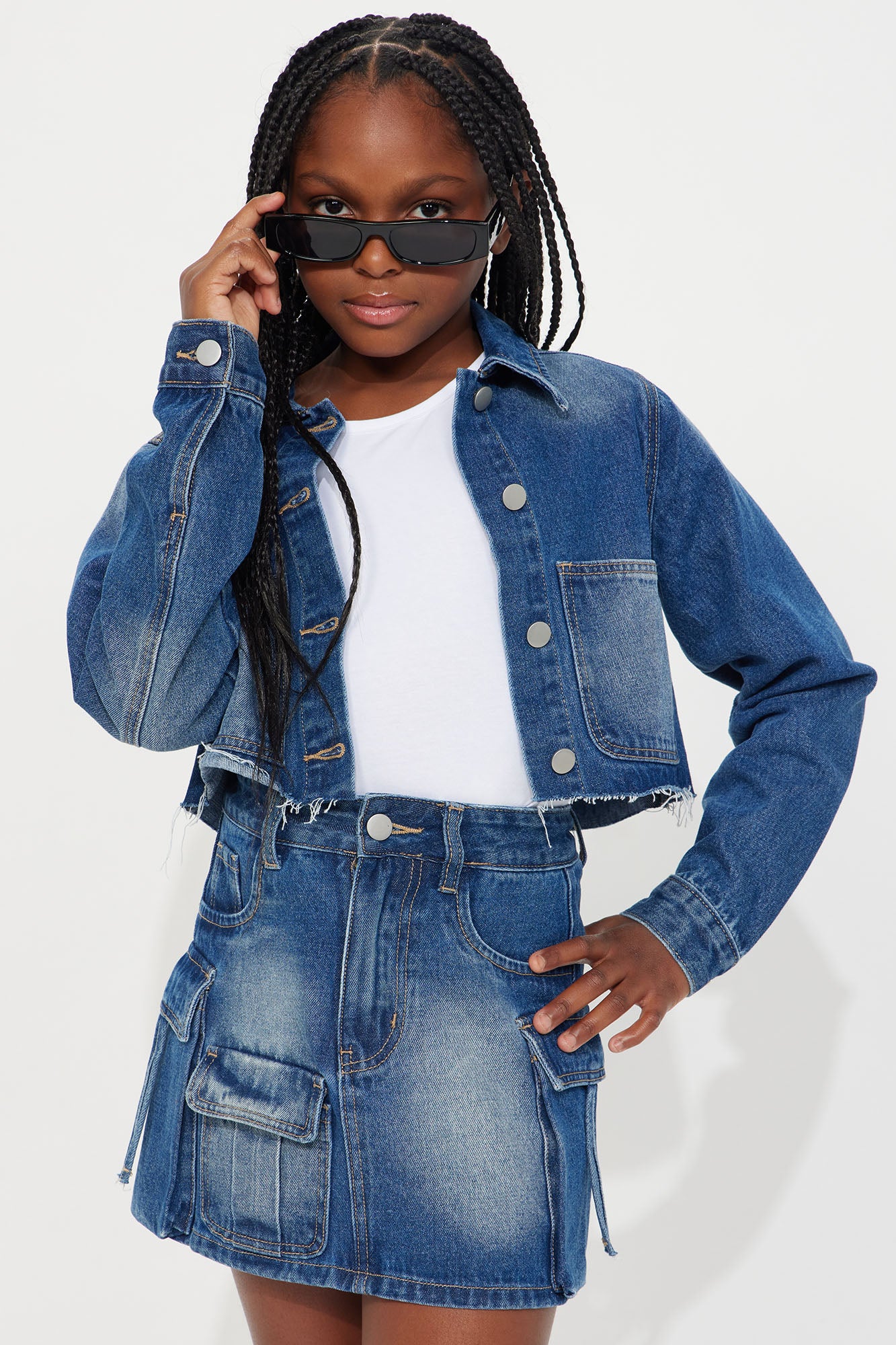 Mini She's Going Places Cropped Denim Jacket And Skirt Set