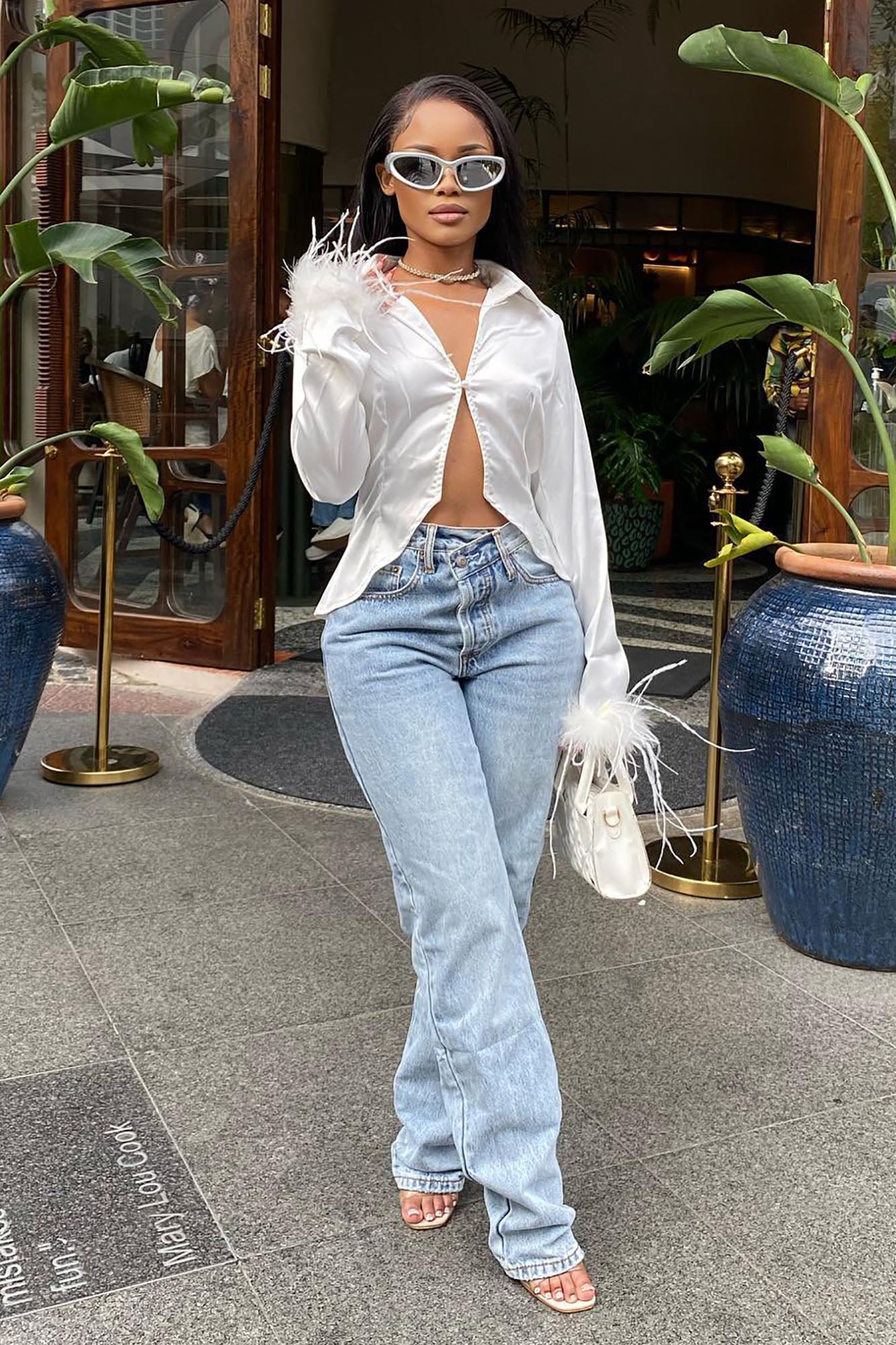 Step Waistband Crossover Jeans