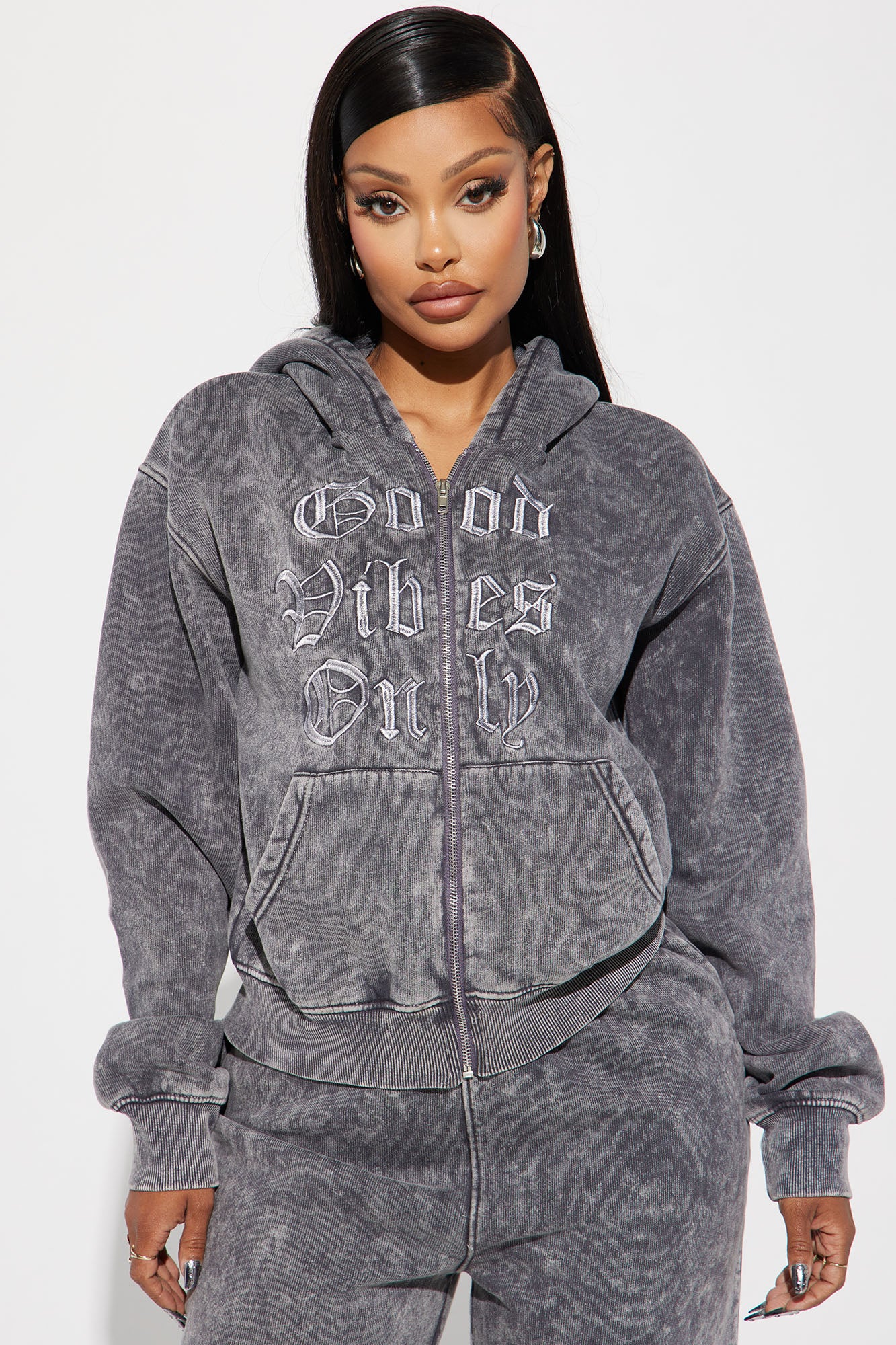 Good Vibes Washed Zip Front Hoodie
