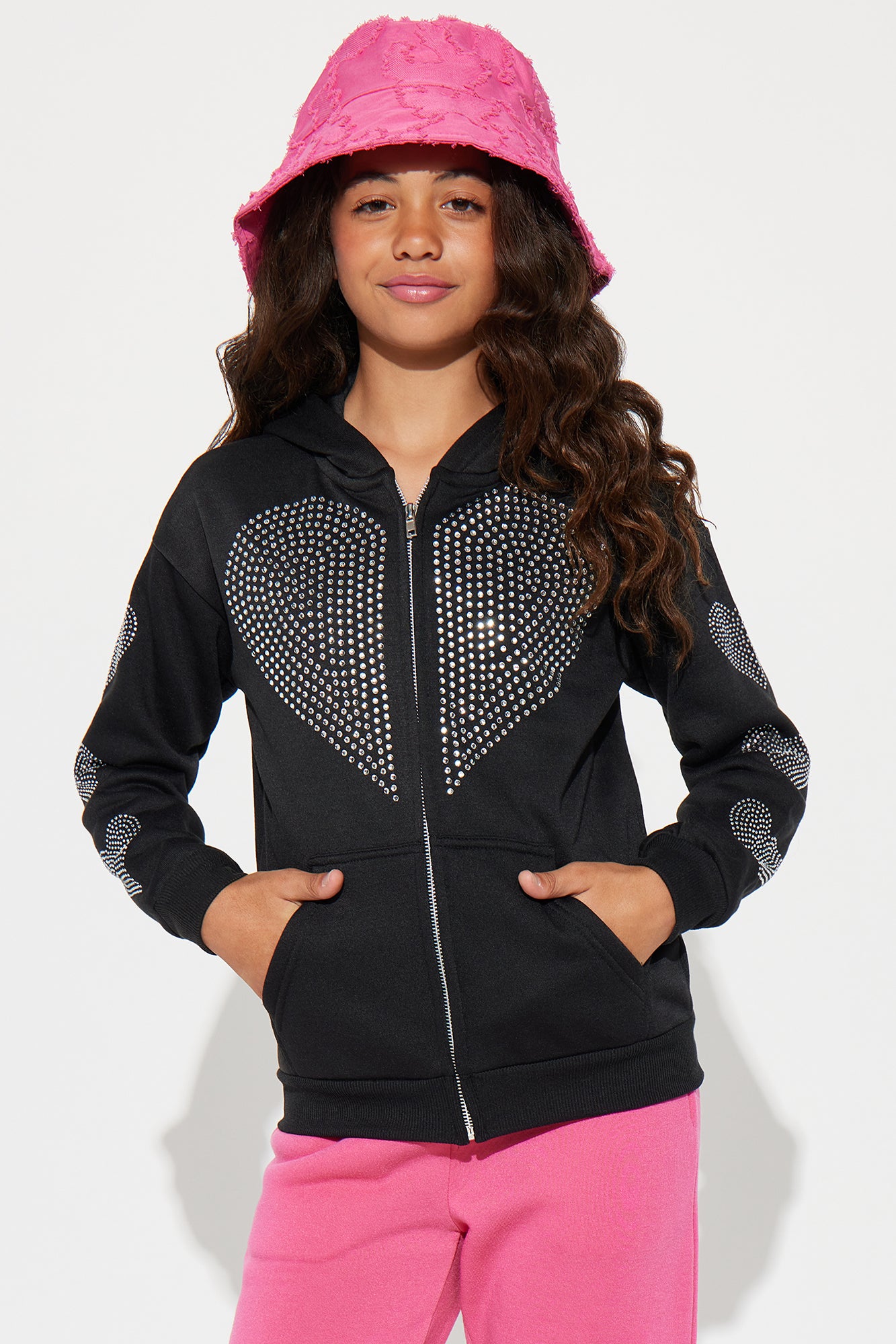 Mini Rhinestone Heart Zip Up Hoodie